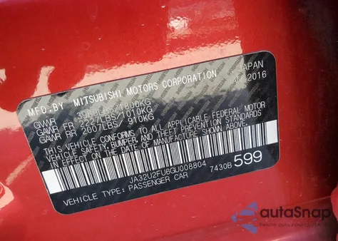 2016 Mitsubishi Lancer Es z USA, uszkodzony, nr VIN JA32U2FU6GU008804